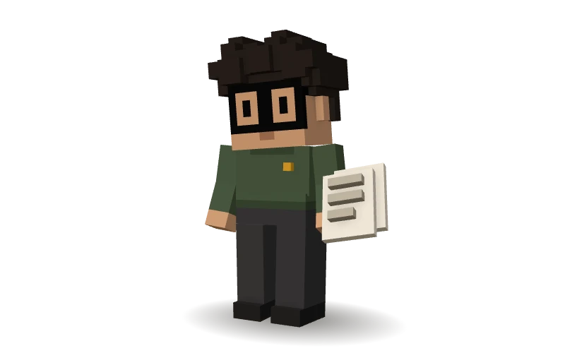 Personnage 3D en voxels : Alex, l’agent IA Recrutement de CleveryAI, trie une pile de CV.