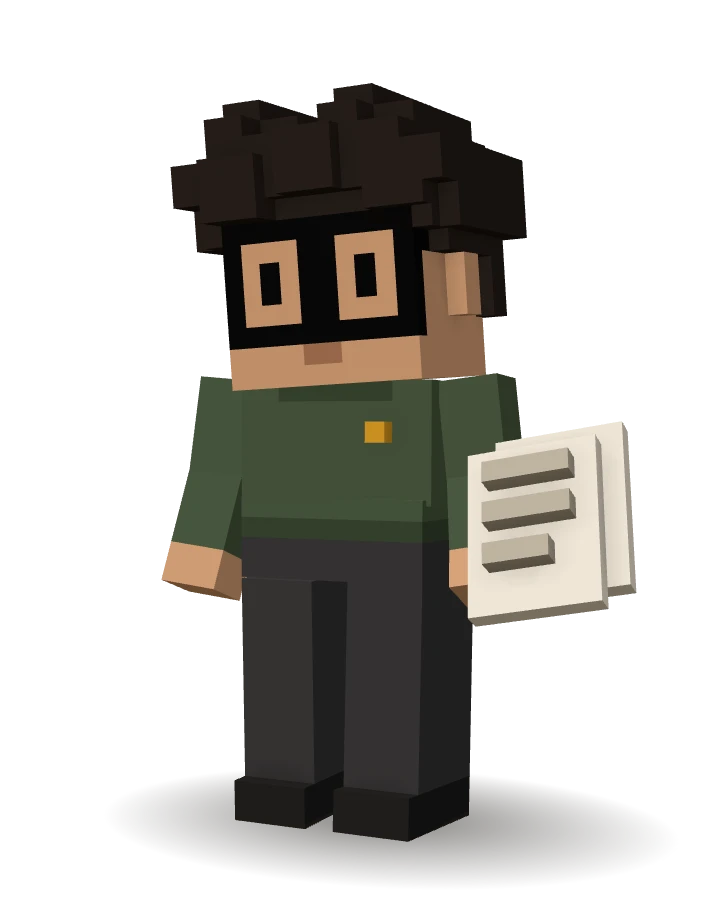 Personnage 3D en voxels : Alex, l’agent IA Recrutement de CleveryAI, trie une pile de CV.