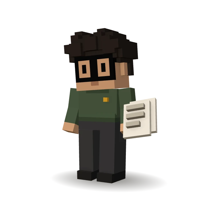 Personnage 3D en voxels : Alex, l’agent IA Recrutement de CleveryAI, classe des CV et prépare les appels de qualification.