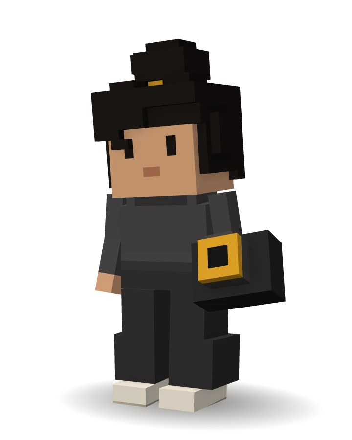 Personnage 3D en voxels : Lina, l’agent IA Contenu social de CleveryAI, filme une vidéo avec sa caméra.