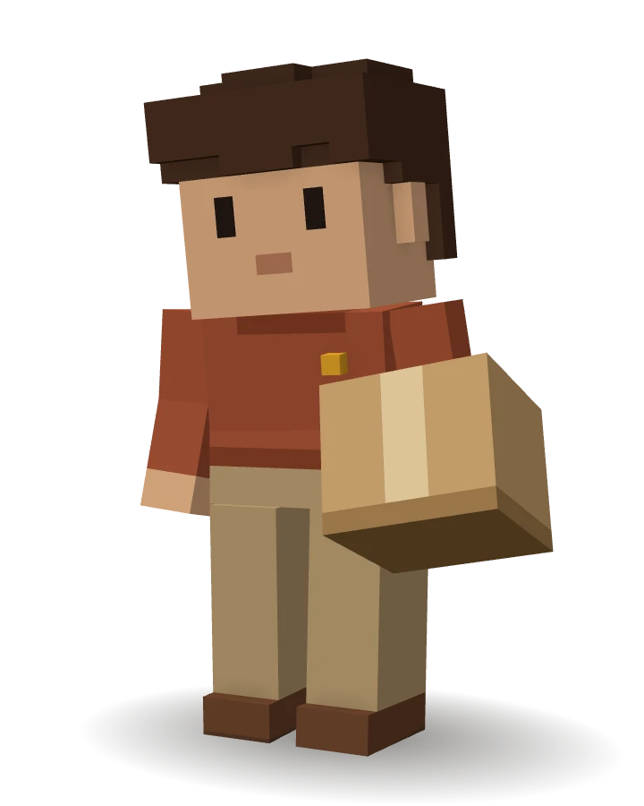 Personnage 3D en voxels : Marc, l’agent IA E-commerce de CleveryAI, porte un colis prêt à partir.