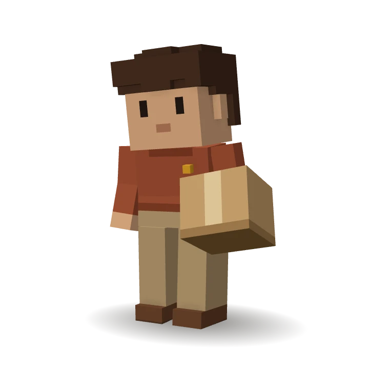 Personnage 3D en voxels : Marc, l’agent IA E-commerce de CleveryAI, prépare les commandes et suit les colis.