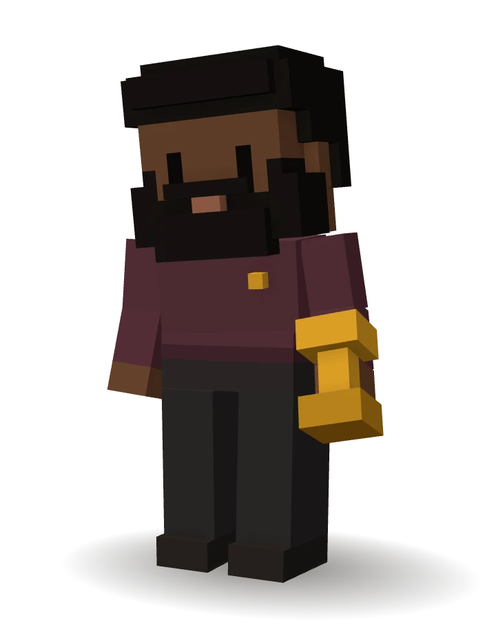 Personnage 3D en voxels : Noé, l’agent IA Administratif de CleveryAI, tamponne une facture.