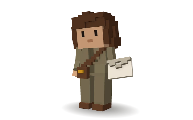 Personnage 3D en voxels : Sofia, l’agent IA Prospection de CleveryAI, tient une enveloppe prête à partir.