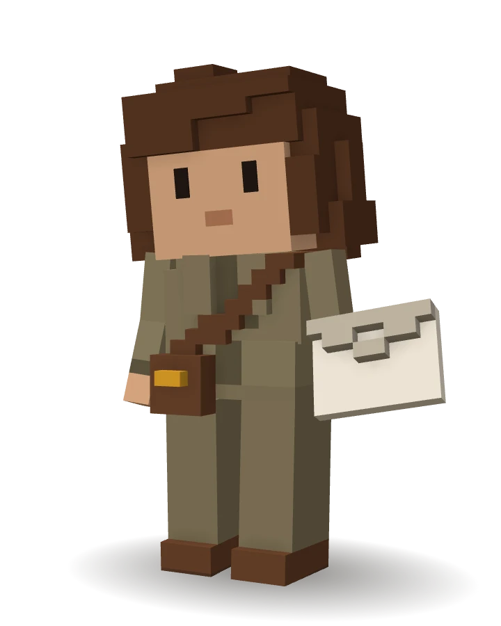 Personnage 3D en voxels : Sofia, l’agent IA Prospection de CleveryAI, tient une enveloppe prête à partir.